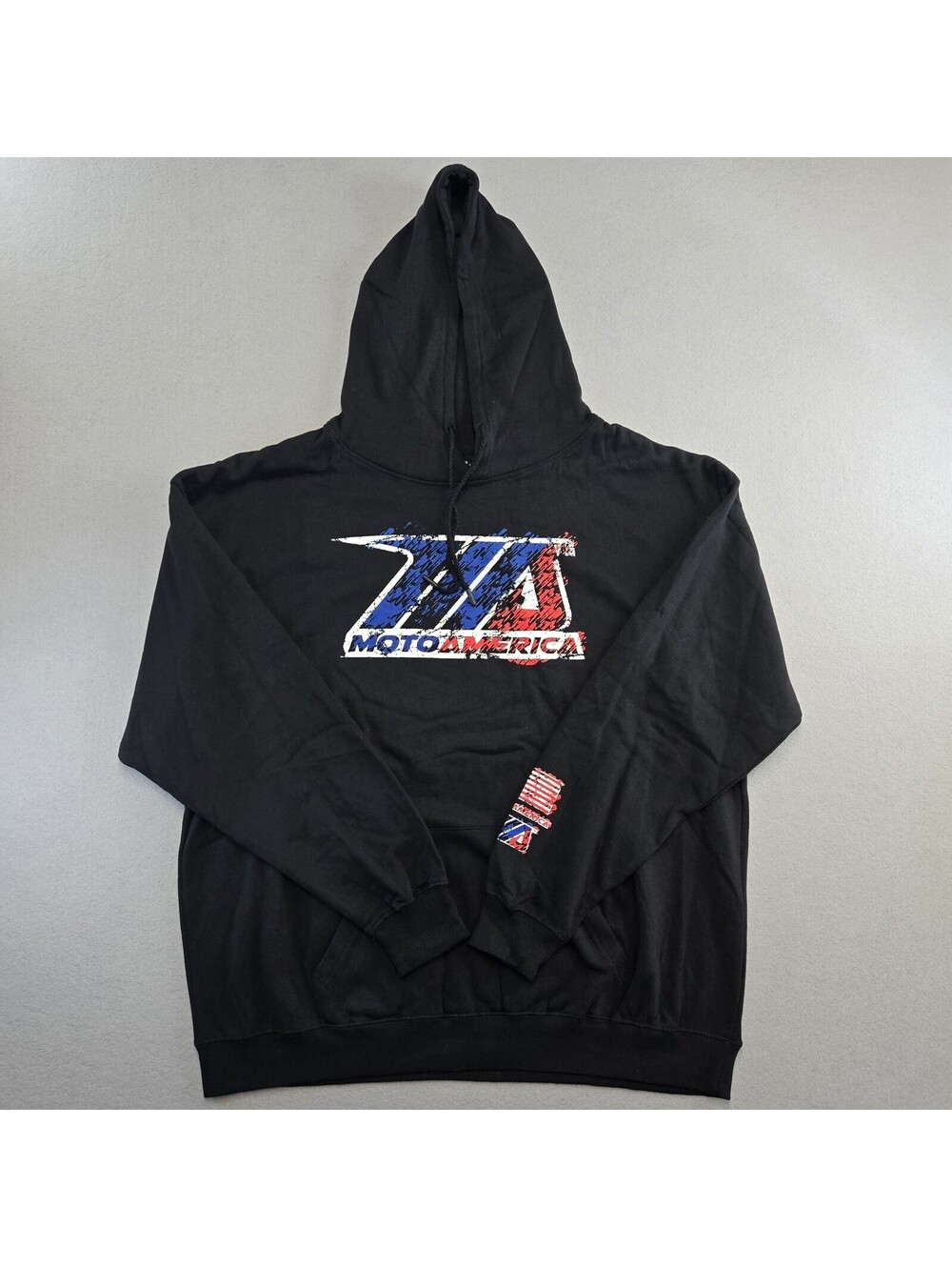 MotoAmerica Pullover Hoodie Mens 2XL Black Distressed Logo Flag Sleeve Racing